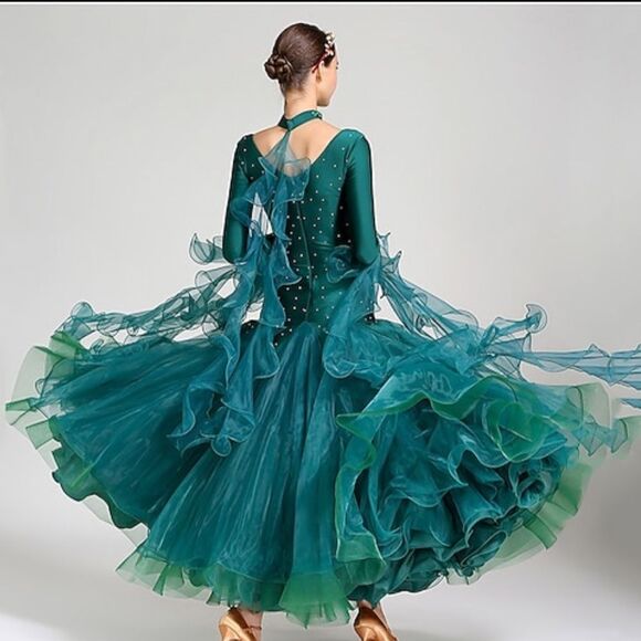 HEARTTOUCH Women Competition Dance Dress Long Sleeve Flash Rhinestone NWOT - Picture 2 of 12